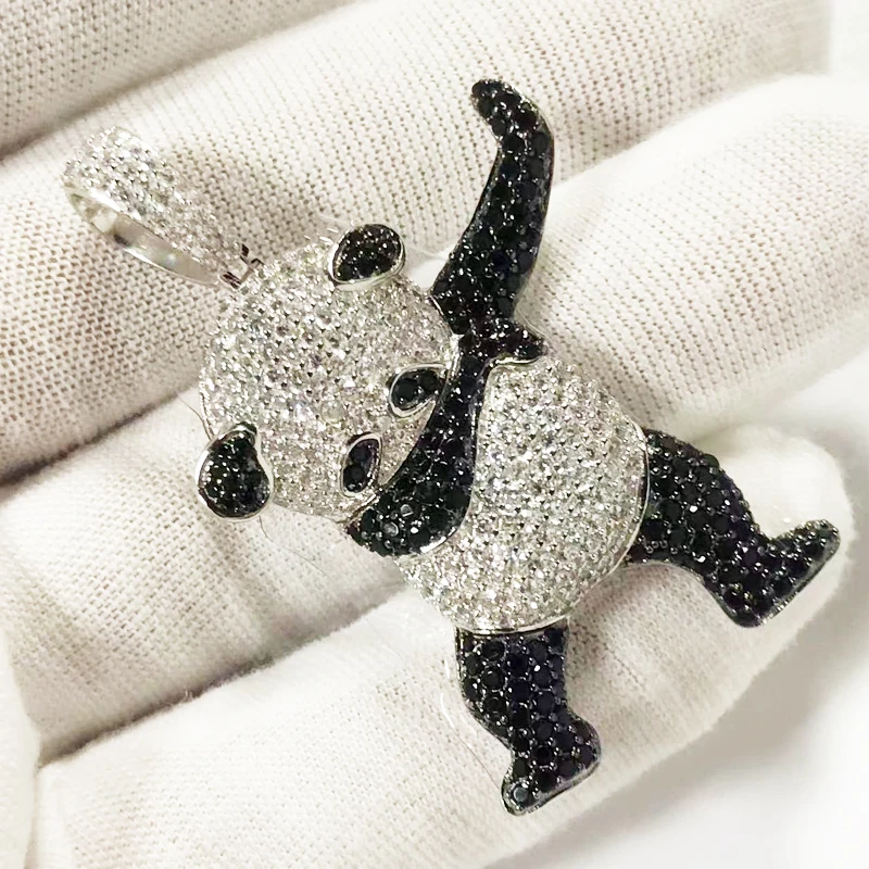 Jasen Hot Selling 925 sterling Silver Iced Out Hip Hop Black Zircon Stones Bear Panda Pendant Necklace