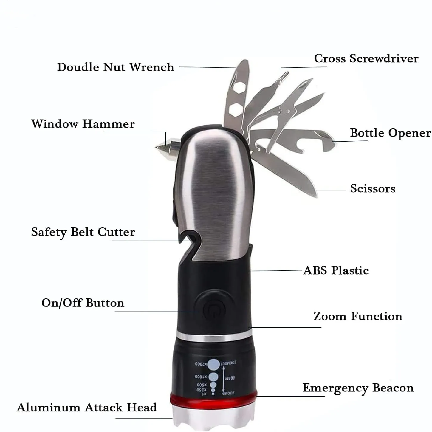 9 IN 1 Marketing Emergency Cob Zoomable  Torch Flashlights with emergency hammer and tactical knife