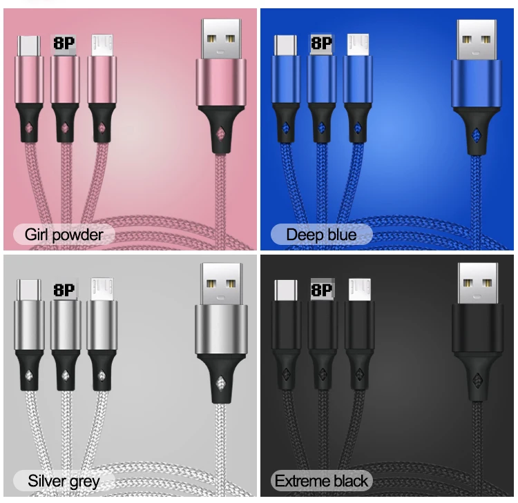 Free Sample 1.2m 3ft Nylon Braided USB Charging Cable 3 in 1 Micro 8Pin Type C Cable Data Charger Cable for phone