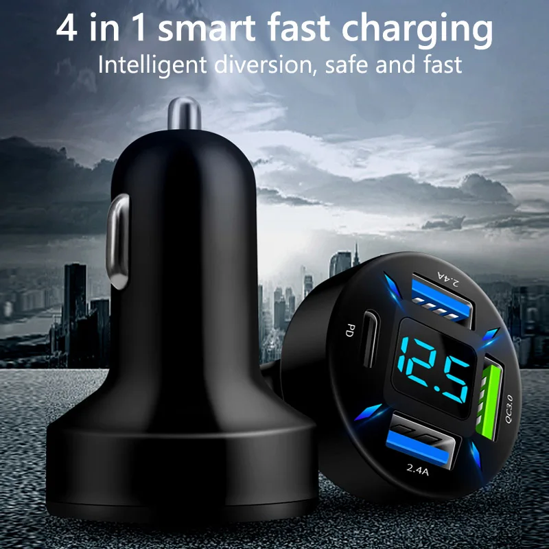 66W 4 Ports USB PD Quick Car Charger QC 3.0 Type C Cigarette Lighter 12V USB C Car Charger for Mobile Phone