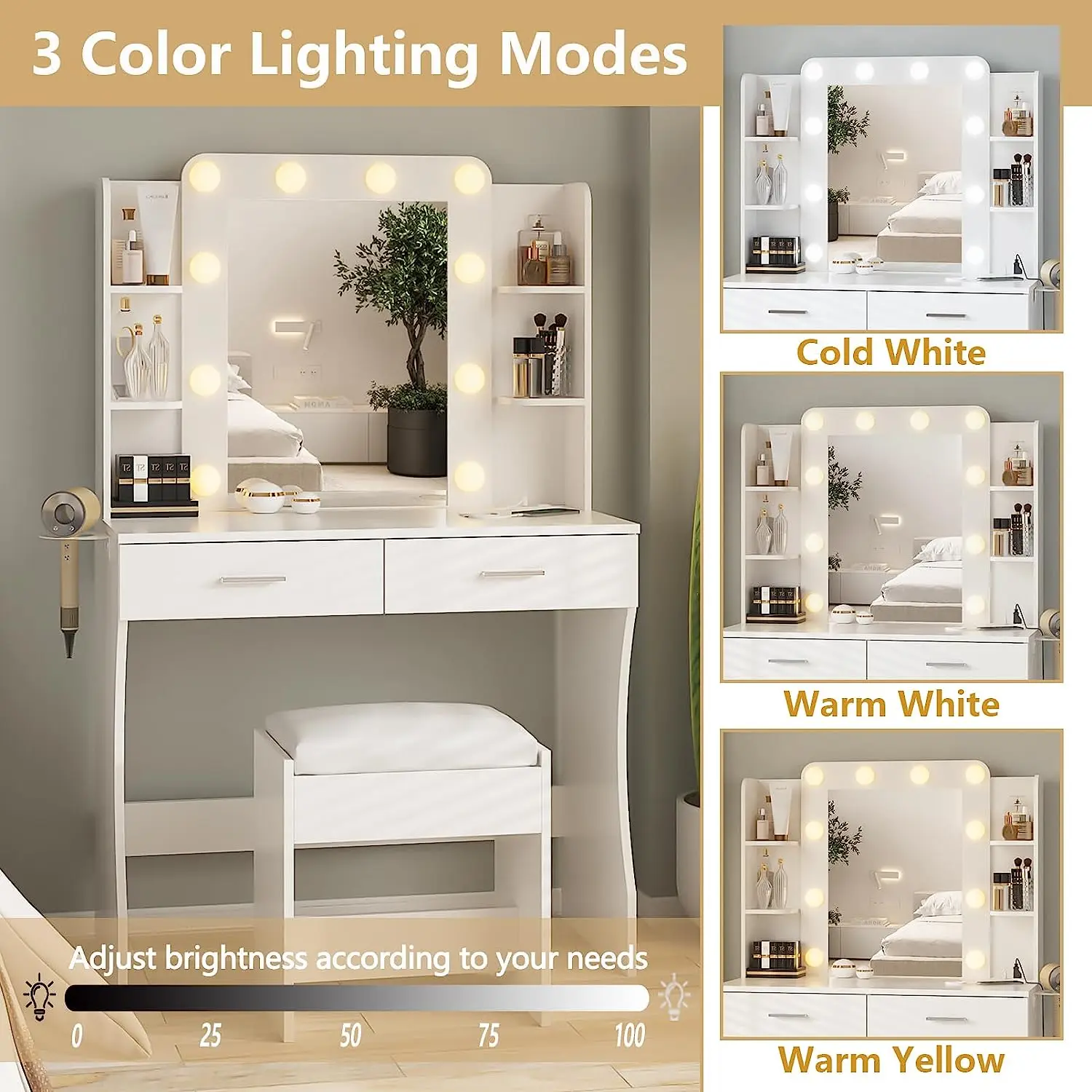 White Drawer Bulb Stool Vanity Rotate Bedroom Furniture Dresser Custom Dressing Table Mirror Makeup With Led Lamp And Chair