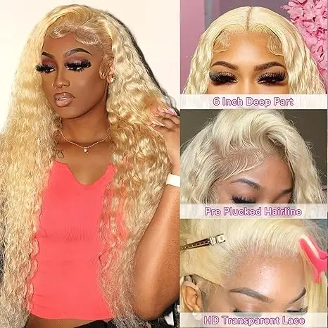 Glueless 613 Blonde deep Wave Brazilian 100% Human Hair 13x4 13x6 HD Transparent Lace Front Wigs Natural Hairline Honey Blonde