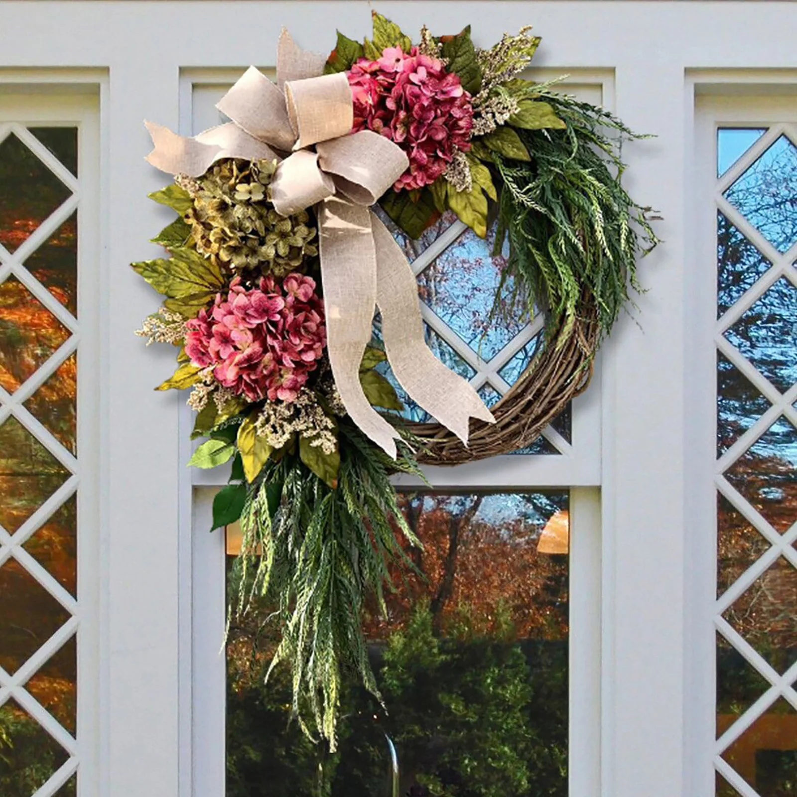 Home Decor Artificial Flower Willow Leaf Wreath Handmade Spring Wreath with Bow for Front Door 16inch