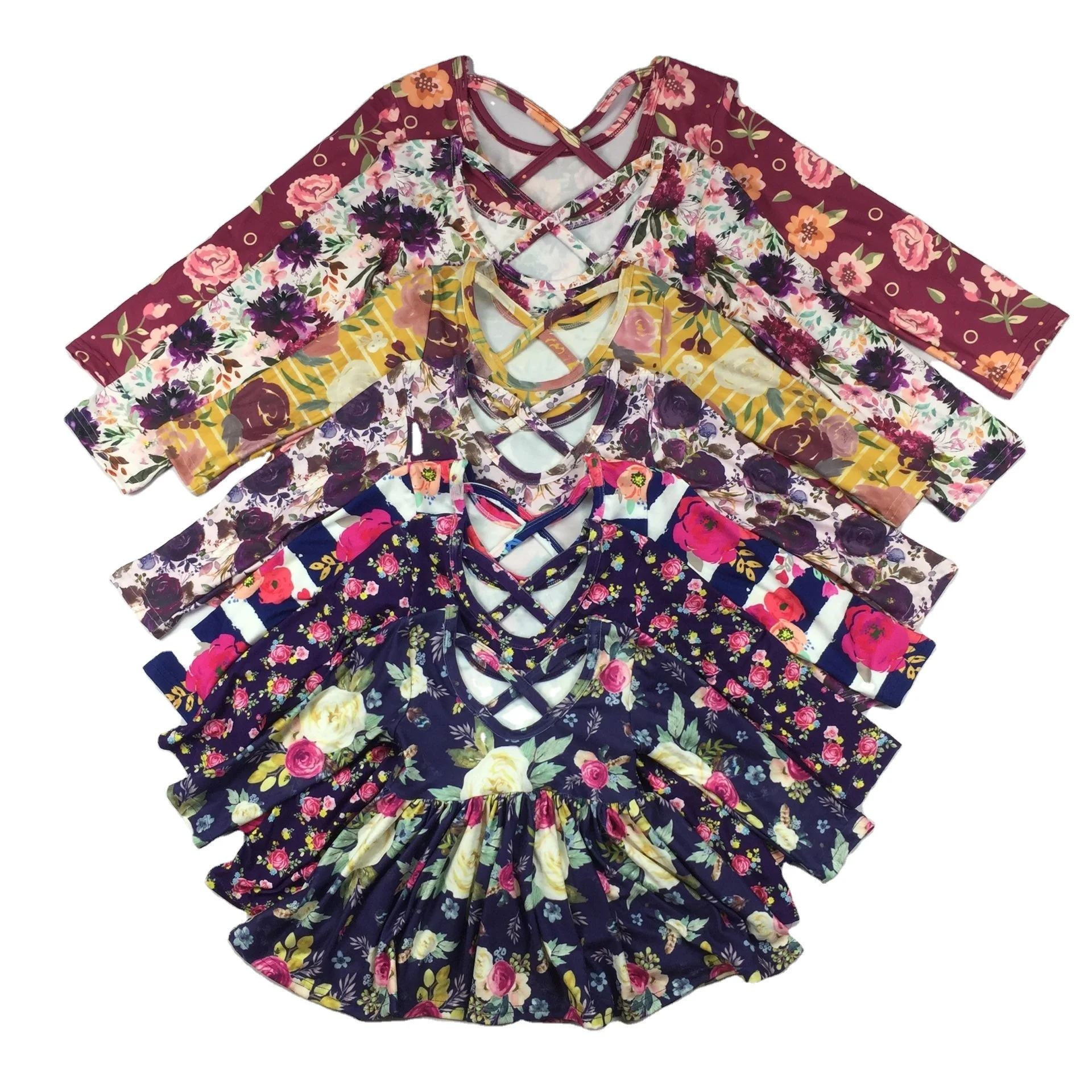 
Boutique Girls Floral Vintage Dress Back Cross Party Dress Children Fall Long Sleeve Outfits 