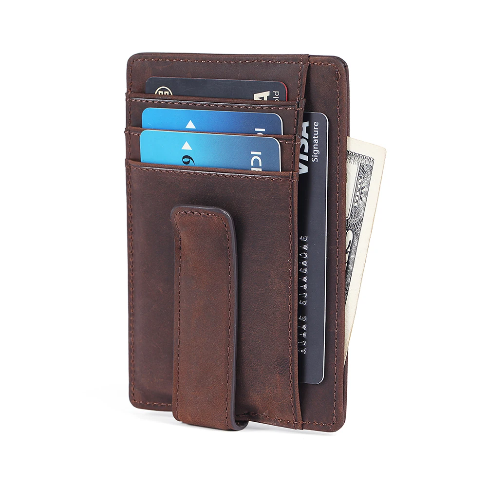 
Custom logo multi function wholesale luxury carbon fiber genuine leather men slim card holder wallet leather money clip for gift 