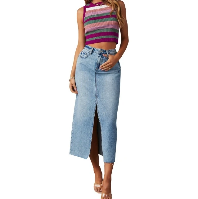 New Fashion Split Denim Skirt Women High Waist Washed A- line Skirt Summer Mid-length Jeans Skirt