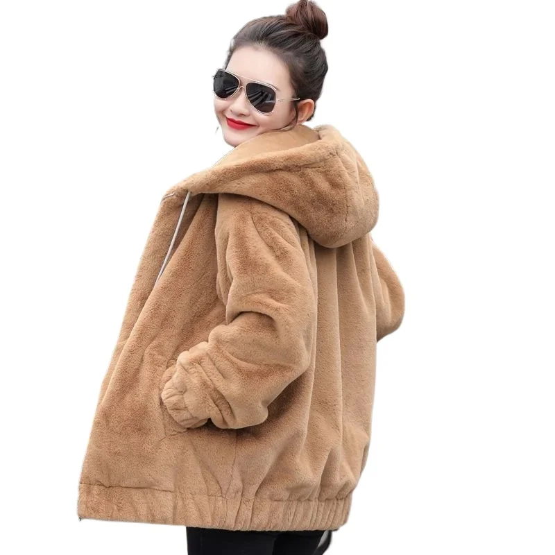 M-4xl Winter Plus Velvet Warm Hooded Imitation Rabbit Hair Coat Women Korean Loose Zipper Midi Faux Fur Coat Streetwear Jackets