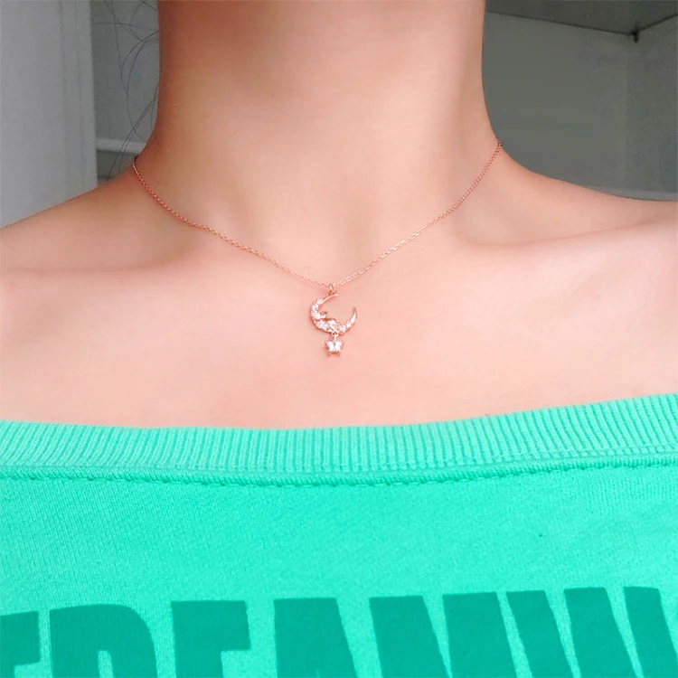 925 Sterling Silver Five Pointed Star Zircon Sleep Mouse Moon Necklace