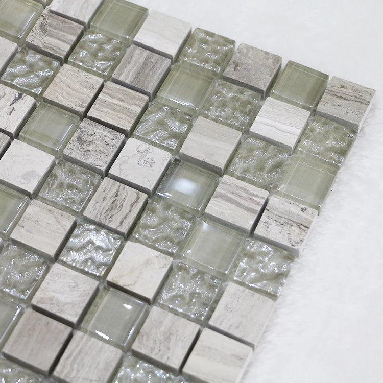 Grey Wood Grain Marble mixed glass mosaic anti slip bathroom tiles outdoor swimming pool wear-resistant tiles