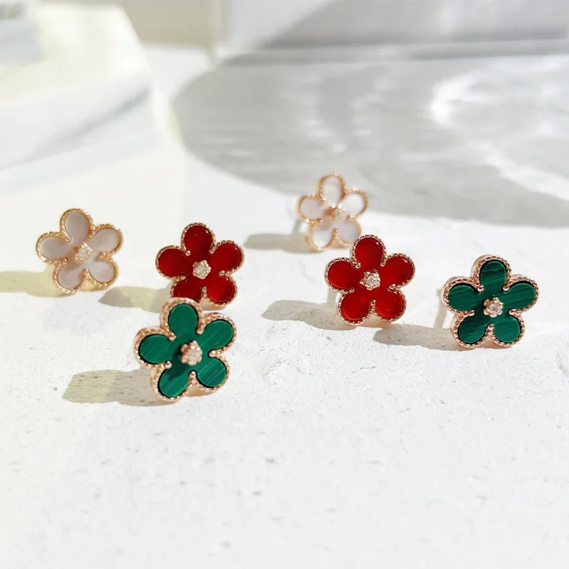 VANA Statement Flower Rose Gold Real Natural Malachite Pearl Agate Stud Silver Earrings For Women