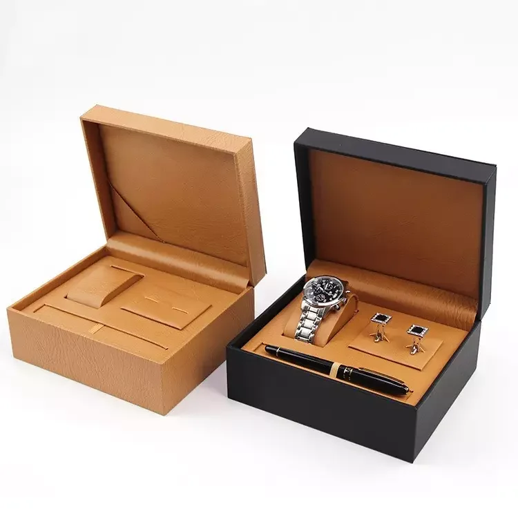 Custom Handmade Pu Leather Display Packaging Watch Pen Cuff-links Box For Gift Luxury Black Gift Box Set For Watch Pen Cuff-link