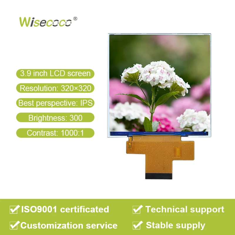 Wisecoco Custom Size Lcd Screen 3.9 Inch CPU SPI 40Pins Interface 300Nits 320*320 Tft Lcd Module Display
