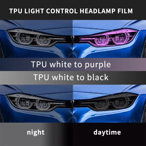 Tpu Ppf Smart Photochromic Light Control Headlight Protection Film White To Purple Or Black For Any Car Lamp Decorate