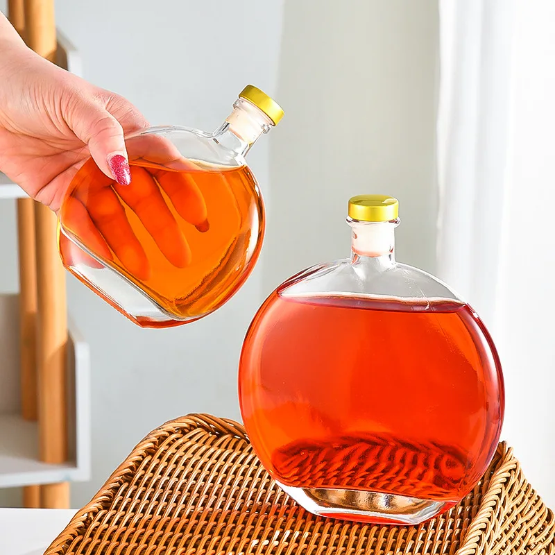 Hot Selling Fancy 250ml 500ml Flat Round Gin Glass Bottle For Coffee Liquor Wine Glass Bottle With Cork Stopper