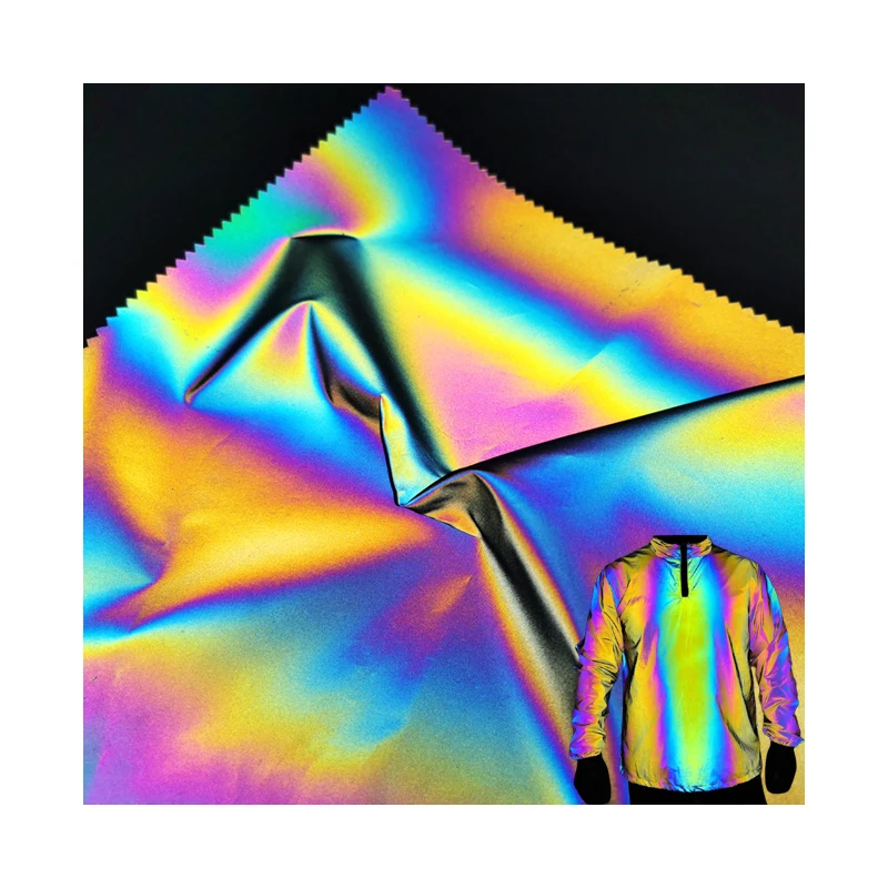 Best Sell Glitter Rainbow Fashion Fluorescent Retro Reflective Jacket Silver Fabric High Light Reflective jacket fabric
