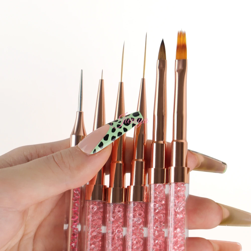 Jieniya Custom logo pink Rhinestones handle Kolinsky/nylon Hair 2 in 1 dual end Nails Tools Nail Art Brushes set