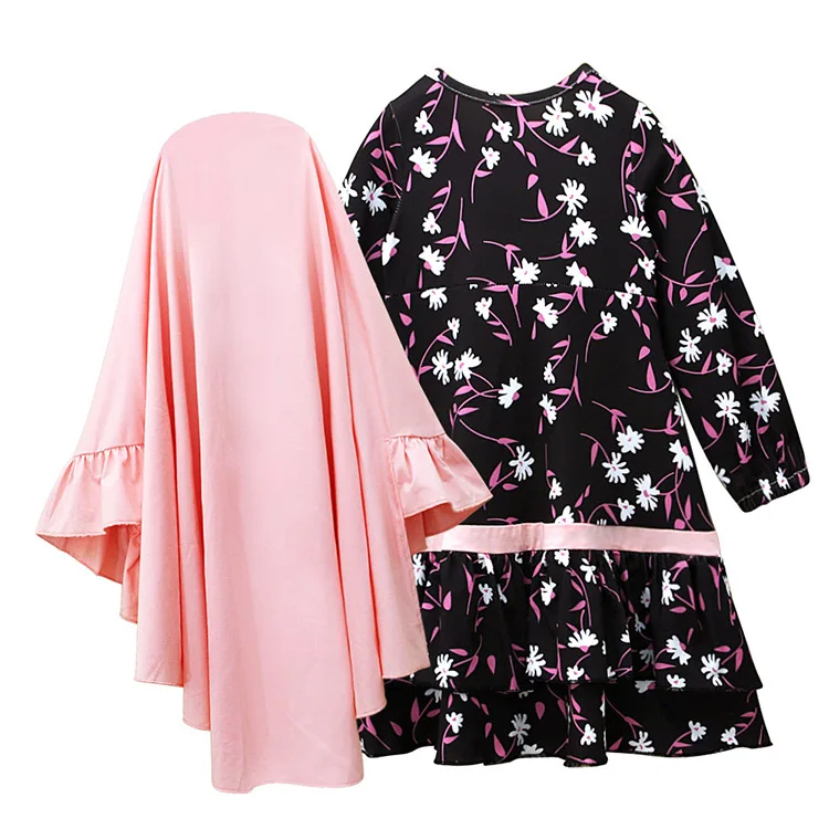 Best Quality 2023 Promotion Hijab Dress Muslim Islamic Clothing Floral Printed Khimar Abaya 2 Piece Kids Abaya For Girl