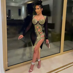 European and American summer sexy hot diamond see-through bag hip irregular dress women