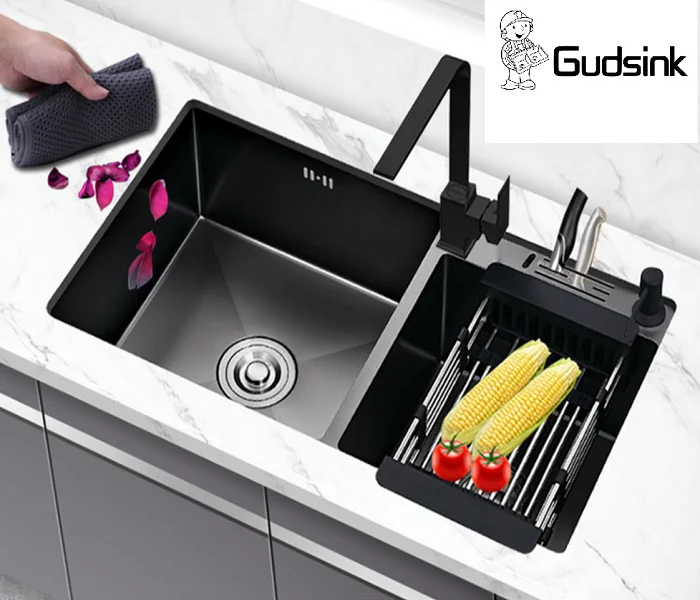 Кухонная раковина Gudsink 8245 nano черная ручной работы с двойной чашей из нержавеющей