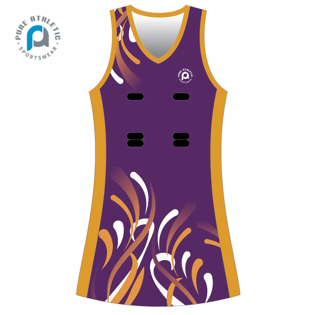 PURE Custom Fire Design Sublimation Netball Uniform Your Own Logo Wholesale Cheap Netball Tennis Dress Kit Set Netball Bibs