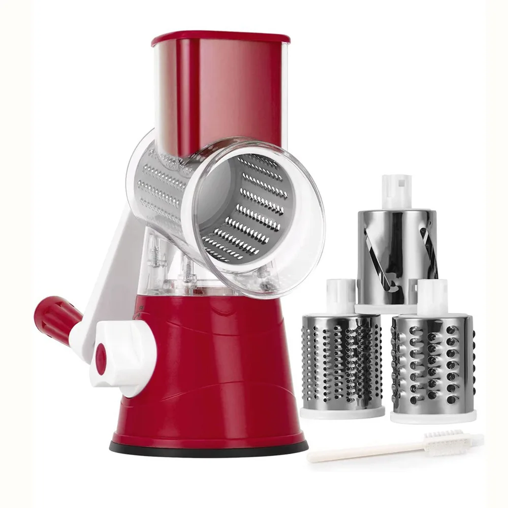 Promotion Kitchen Drum Shredder Vegetable Slicer Rotary Cheese Grater Manual 3 Replaceable Blades With Suction Base Metal Handle