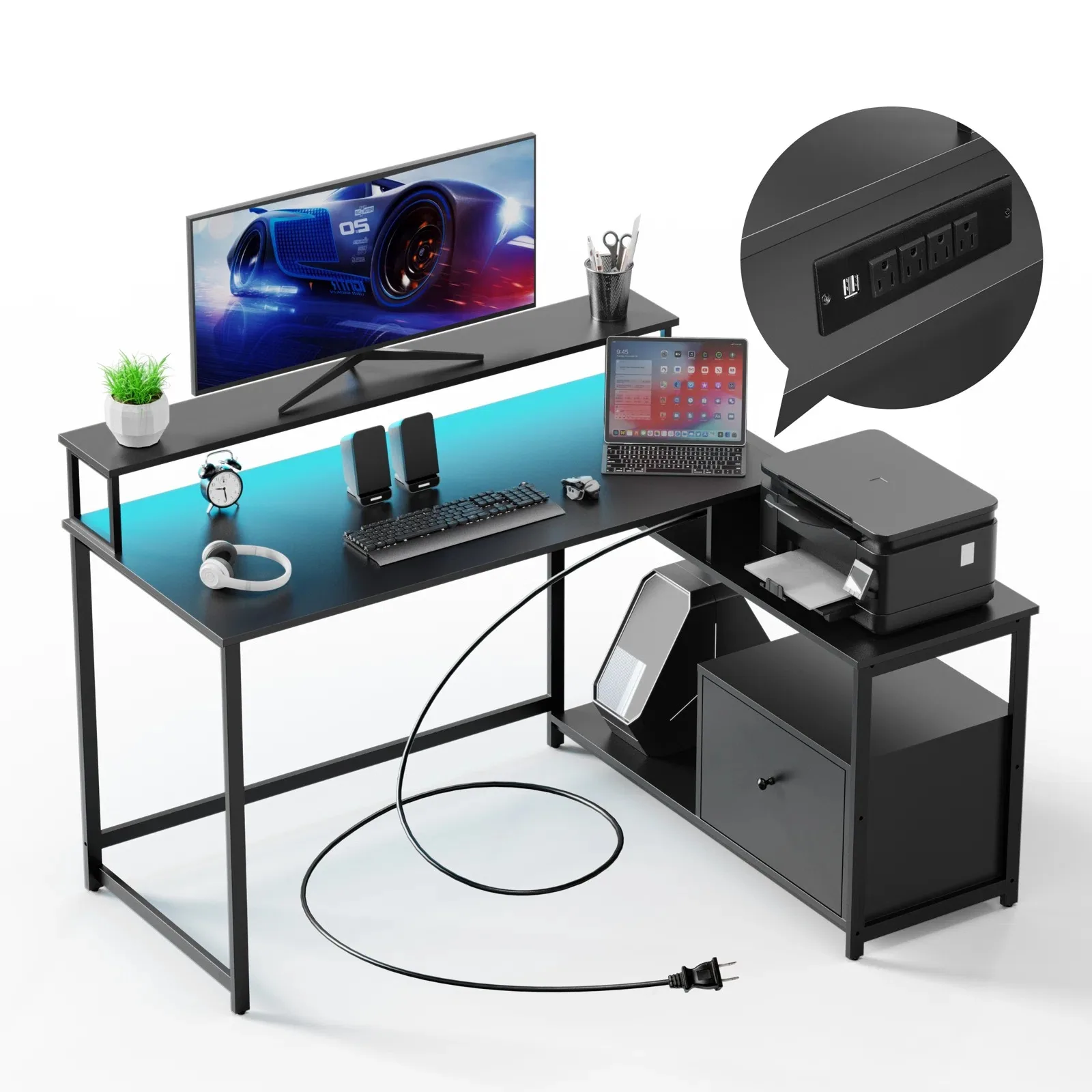 Modern Steel Wood Drawer Computer Desk for Home LED Light & Power Outlet Office Desk with Storage Shelf Computer Table