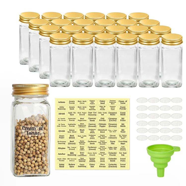 1 Collapsible Funnel 84 Clear Stickers 24 Sifters 24 Gold Lids 24 Spice Jars Set