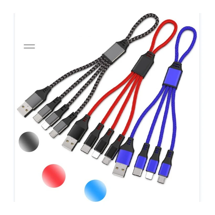 Creative key chain design fast charge 3in1 data cables, Nylon braided usb3.0 portable mobile charger cable