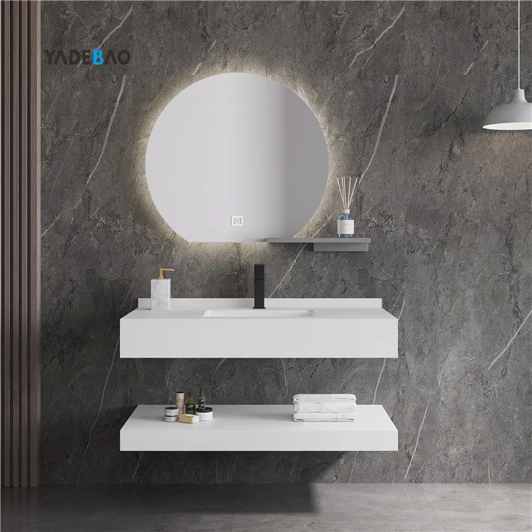 Europe 2 Layer Slate Rock Wall Mounted Lavabo Solid Surface Wash Basin Artificial Stone Bathroom Sink With LED Mirrored Cabinets