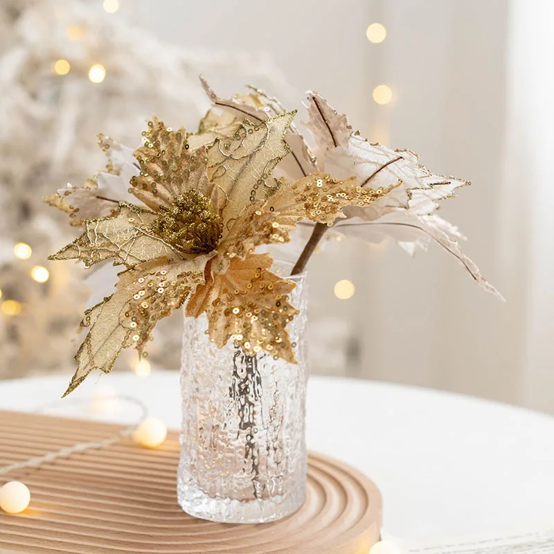 Hot Selling Christmas Flowers Golden  For Christmas Tree Decorations 20cm Sequined Flannel Christmas Flower