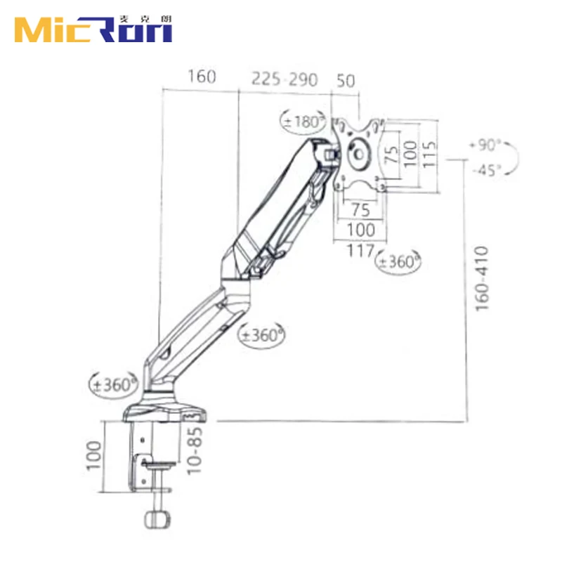 Black Rotating 360 Degree Desktop Support LCD Display VESA 100mm To 100mm Monitor Gas Stand