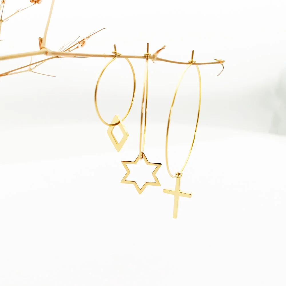 Aretes De Acero Inoxidable Hoop Earring Star And Moon Earrings 18k Gold Plated Jewelry Filled