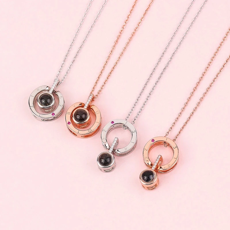 New Rose Gold Silver 100 Language I Love You Projection Pendant Necklace Romantic Love Memory Wedding Necklace M1070