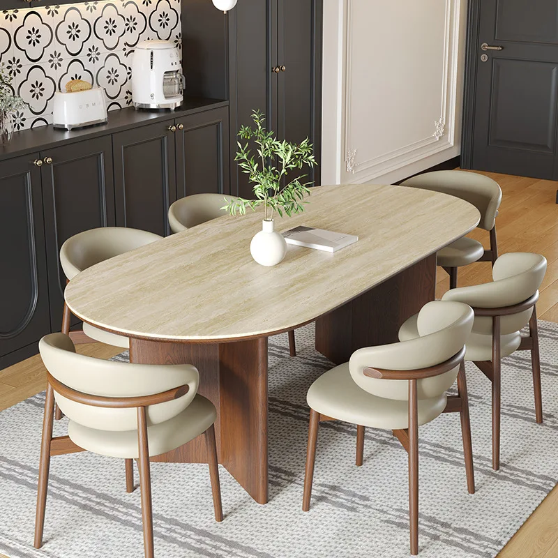 Nordic French retro oval antique wood dining room table 6 seater walnut restaurant dinner table and chairs set kitchen furniture