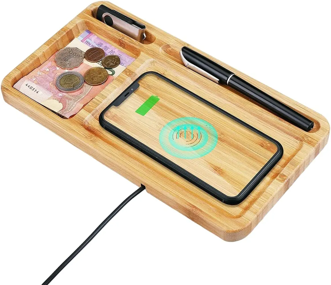 Bamboo Wireless Charger Stand Wireless Charging Station With Desk Organizer Docking Tray  With Desk Organizer