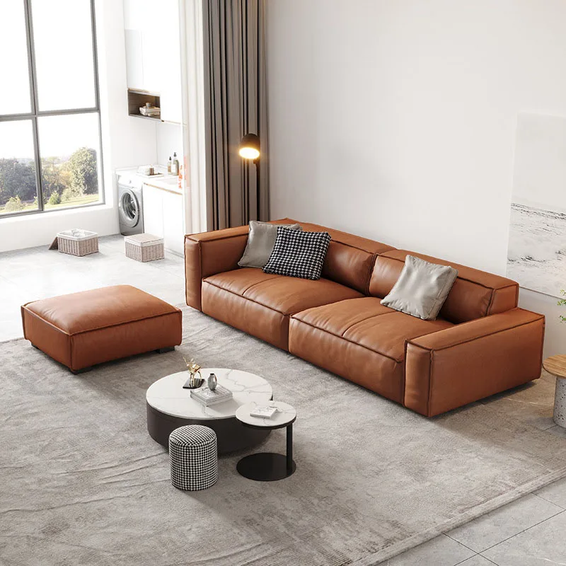 Custom Leather Sofa Head Leather Italian Minimalist Living Room Three Person Straight Row Square Tofu Block Small Family Sofa