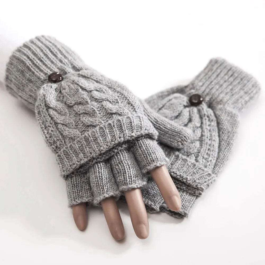 Autumn Winter Wool Fingerless Gloves Women Knitted Twist Jacquard Flip Top Half Finger Warm Gloves Mittens Men