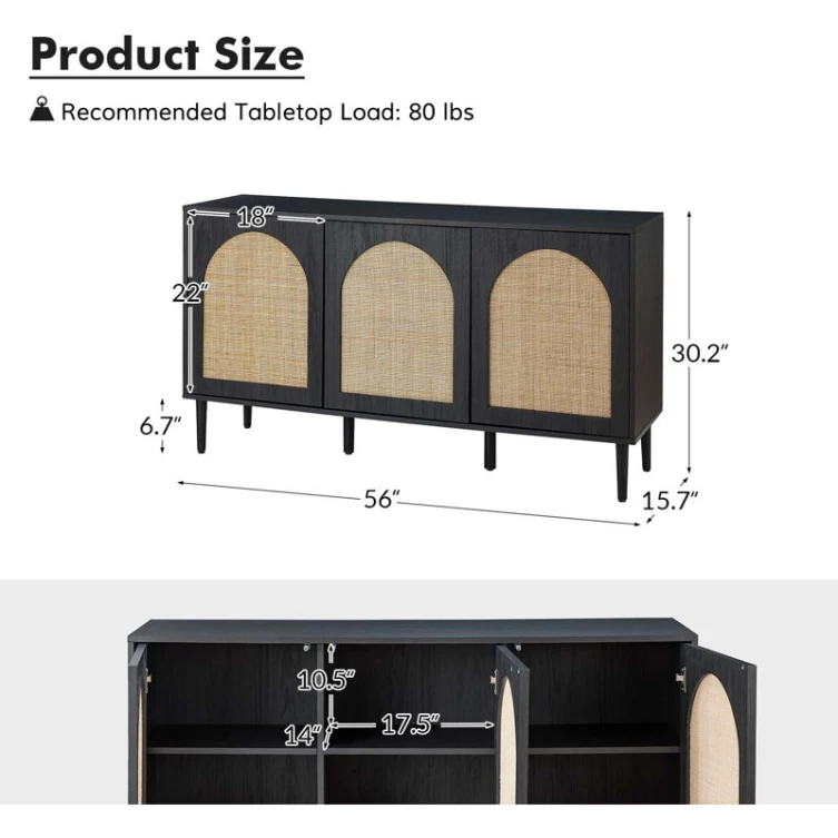 24 Years Factory Direct Farmhouse Storage Rattan Wide Sideboard with Adjustable Shelves