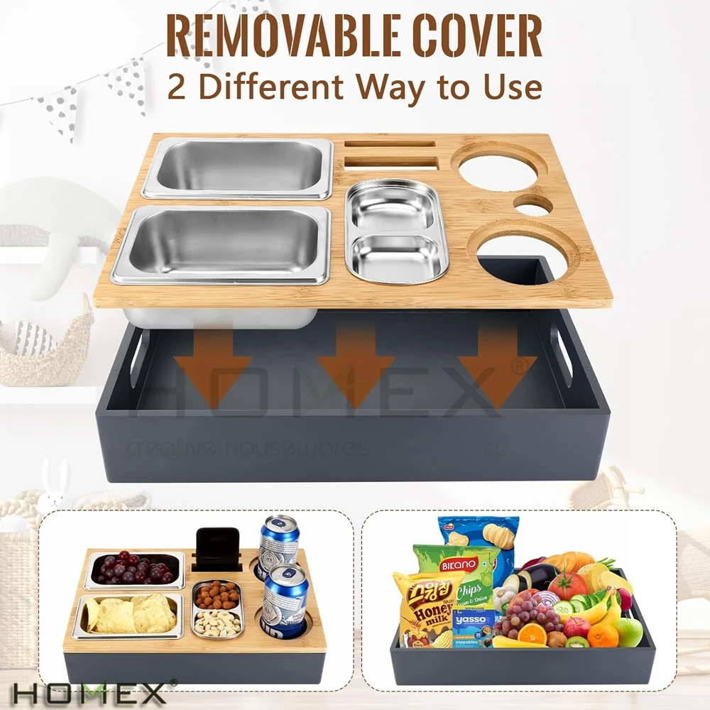 Bamboo Divided Snack Box Dispenser Container with Lid Bottle Holder for Living Room Picnic Party