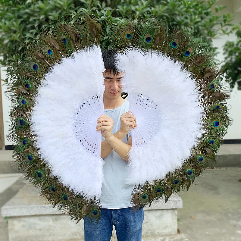 100*55cm Oversized Hole Tail Feather Fan White Peacock Feather Fans For Wall Decoration Fans