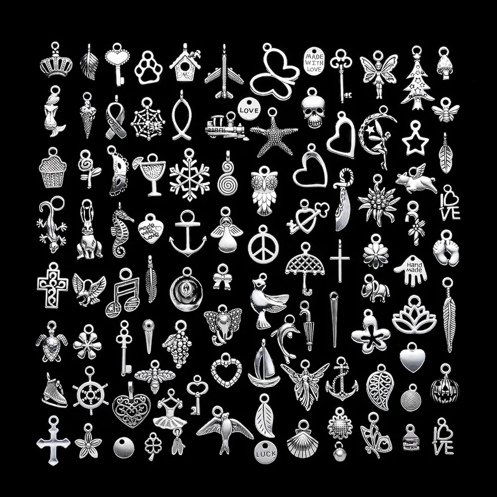 100pcs/Bag Handmade DIY Fashion Jewelry Silver Alloy Pendant Bracelet Necklace Accessories 18K 100% Steel Unisex Children