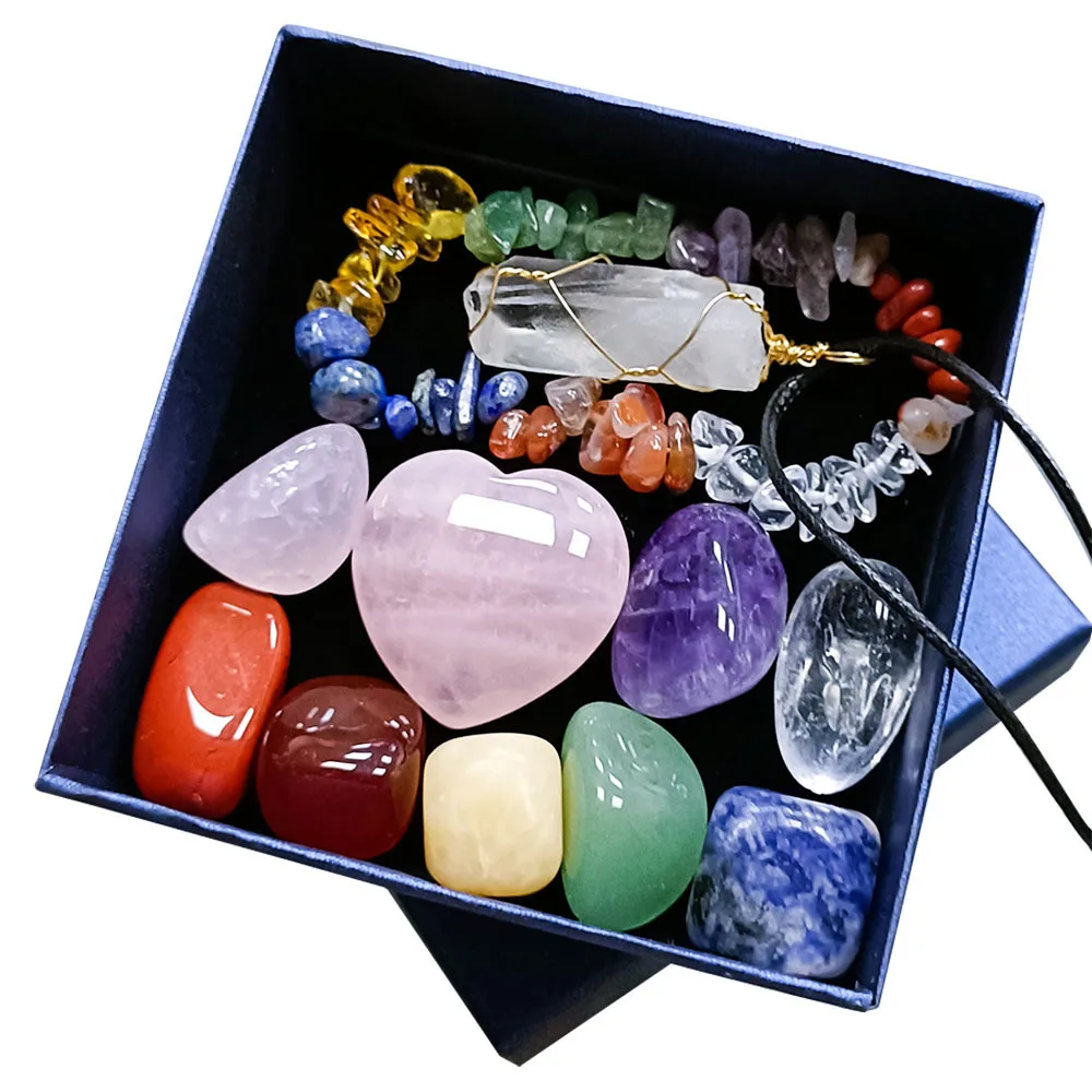 Wellness Crystal Gifts & Value Sets Spiritual Meditation Crystal Heart Healing Crystal 7 Chakra Tumbling Stone Box Set