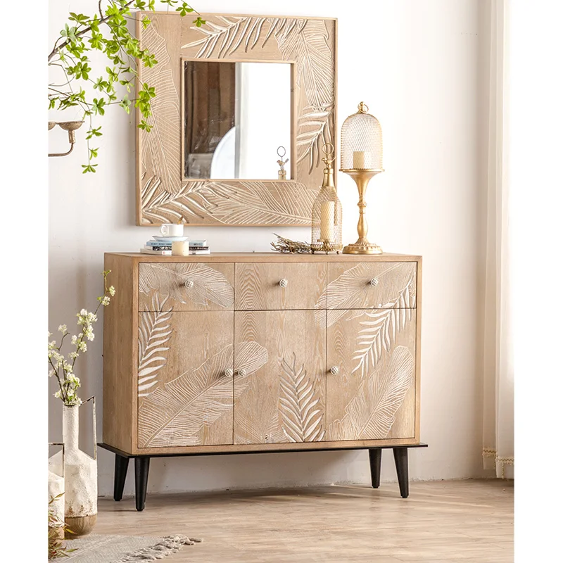 Dining Room Wood Side Cupboard Cabinets Antique Console Table Hand Carved Leaf Art Door Accent Cabinet With Shelf