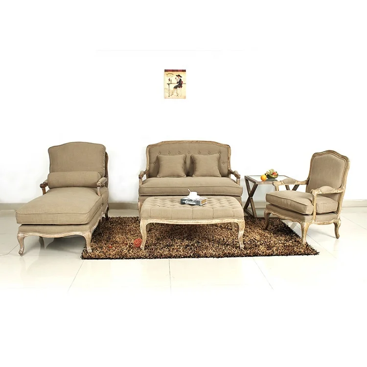 Antique style hand Carved fabric Chaise lounge wood frames oak wood unfinished corner sofa CH-865-OAK