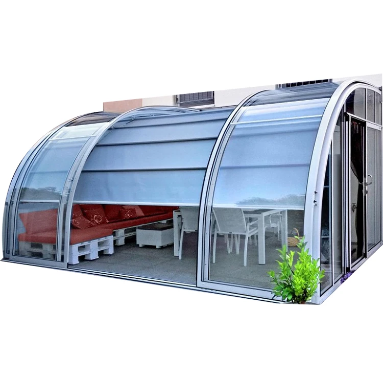 Telescopic Curved roof sunroom new style glass house winter garden for sale balcony aluminium alloy frame with glass sheets