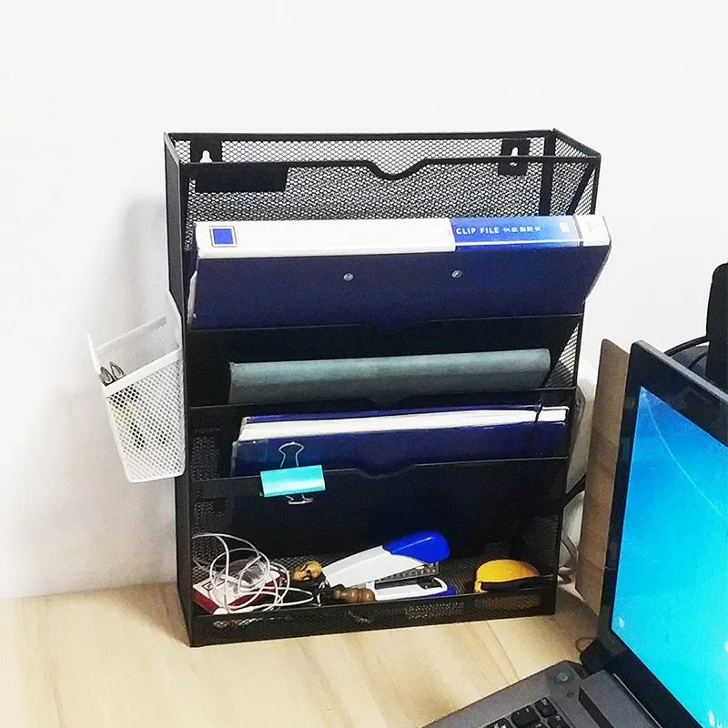 Factory price Office metal mesh wall document grid organizer black 5 pocket hanging letter and document holder office and home