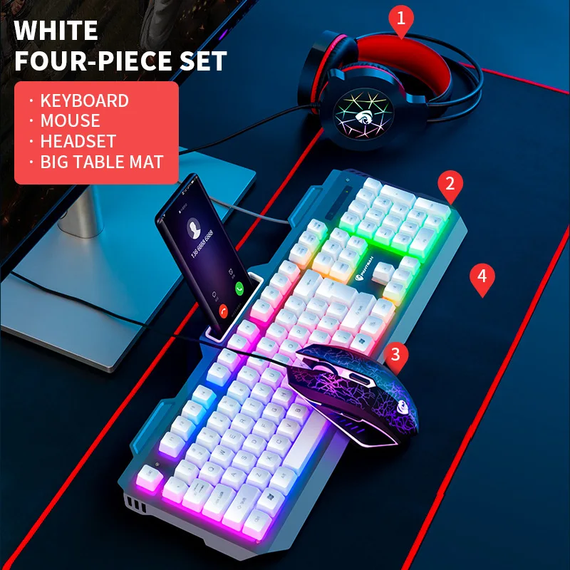 Metal panel with backlit wired keyboard mouse headset mouse pad four-piece office game set 4 in 1 mechanical keyboard