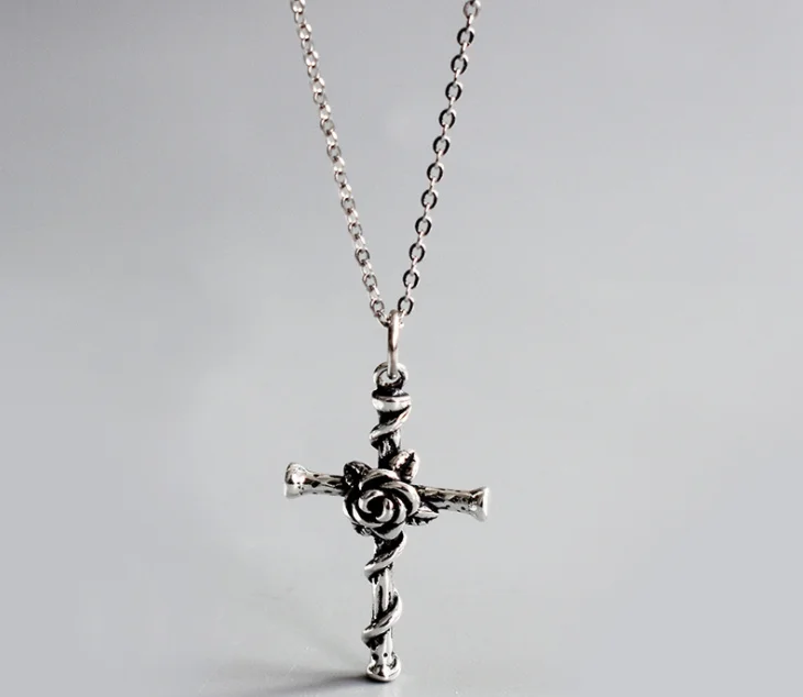 
Vintage Fashion Chain Jewelry 925 Silver Sterling Jesus Cross Rose Flower Pendant Necklace 