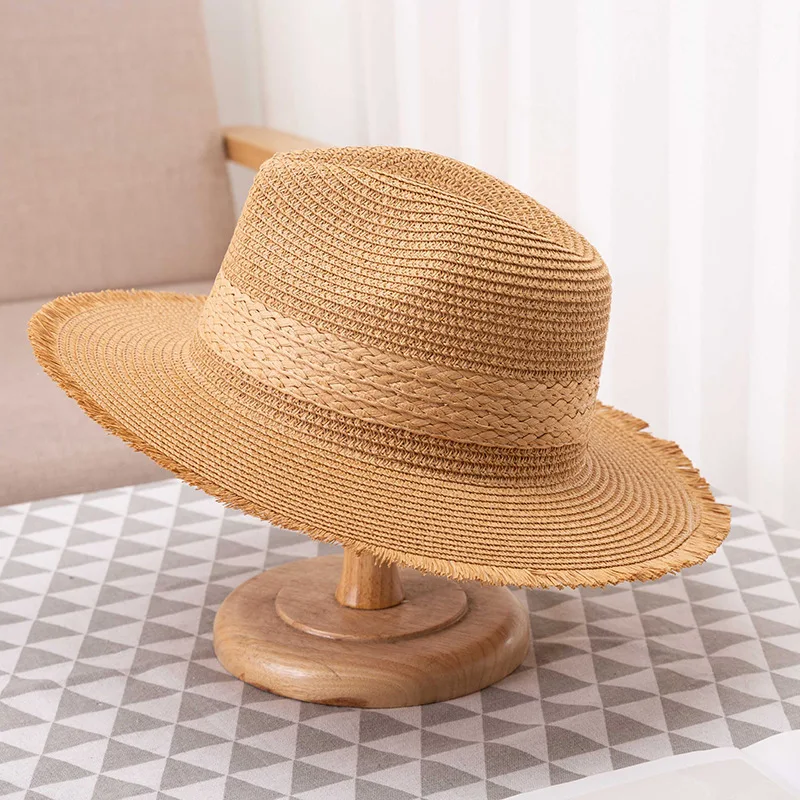 Summer vintage matching color fur border sunblock Korean version ladies wide flat brim hat jazz top hat Bohemian straw hat