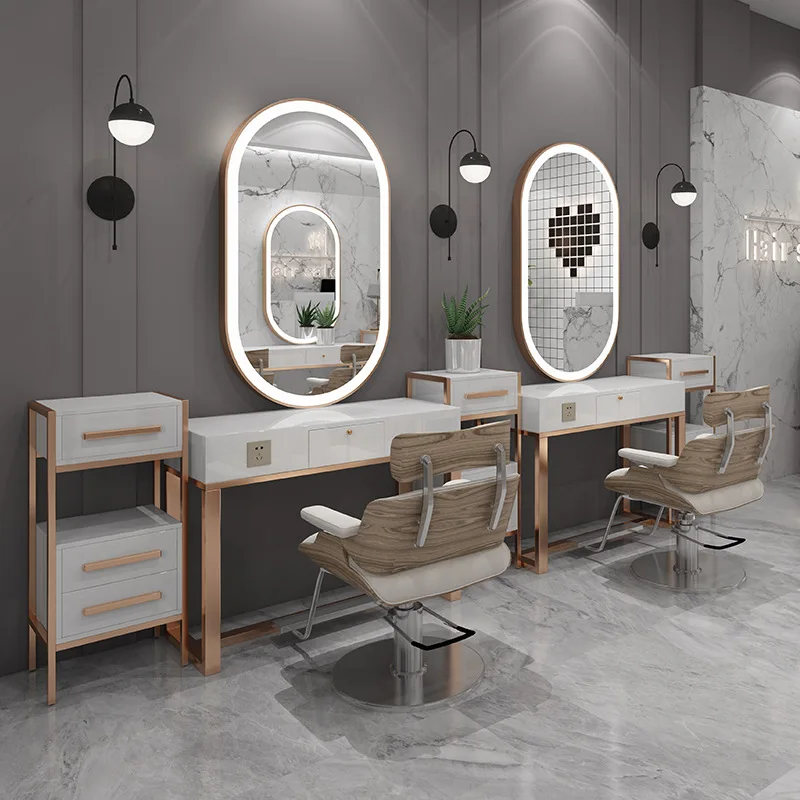 Simple Light Luxury Led Lighted Mirror Hair Salon Lighted Mirror Dressing Cabinet Studio Makeup Salon Mirror